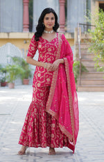 Thumbnail for Vedant Vastram Heavy Embroidery & Sequins Work Pure Georgette Top Sharara Set With Dupatta - Pink - Distacart