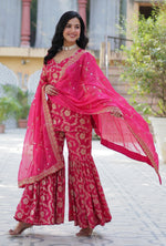 Thumbnail for Vedant Vastram Heavy Embroidery & Sequins Work Pure Georgette Top Sharara Set With Dupatta - Pink - Distacart