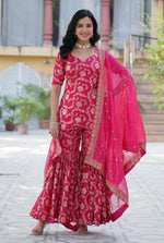 Thumbnail for Vedant Vastram Heavy Embroidery & Sequins Work Pure Georgette Top Sharara Set With Dupatta - Pink - Distacart