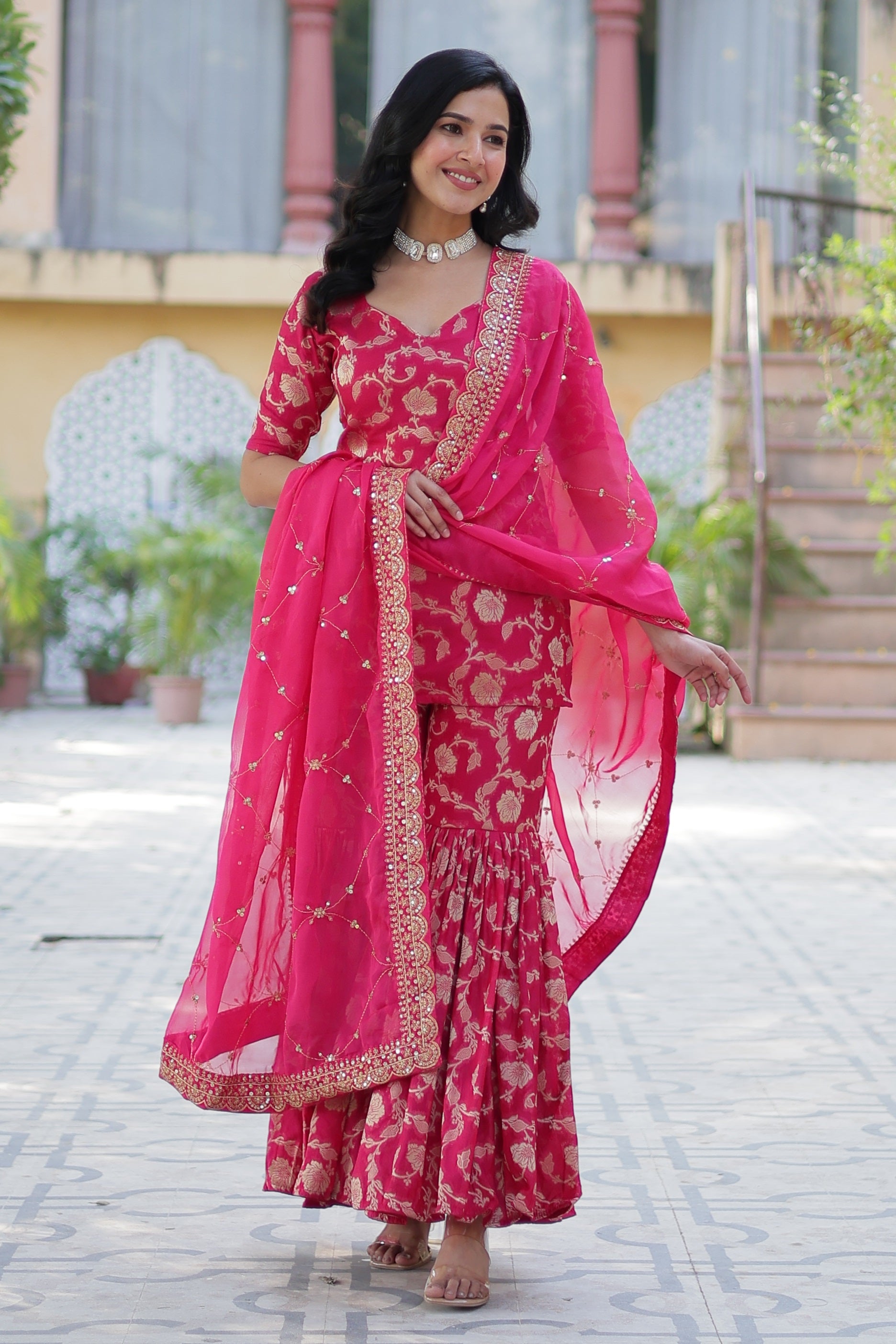 Vedant Vastram Heavy Embroidery & Sequins Work Pure Georgette Top Sharara Set With Dupatta - Pink - Distacart