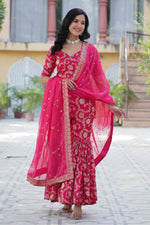 Thumbnail for Vedant Vastram Heavy Embroidery & Sequins Work Pure Georgette Top Sharara Set With Dupatta - Pink - Distacart