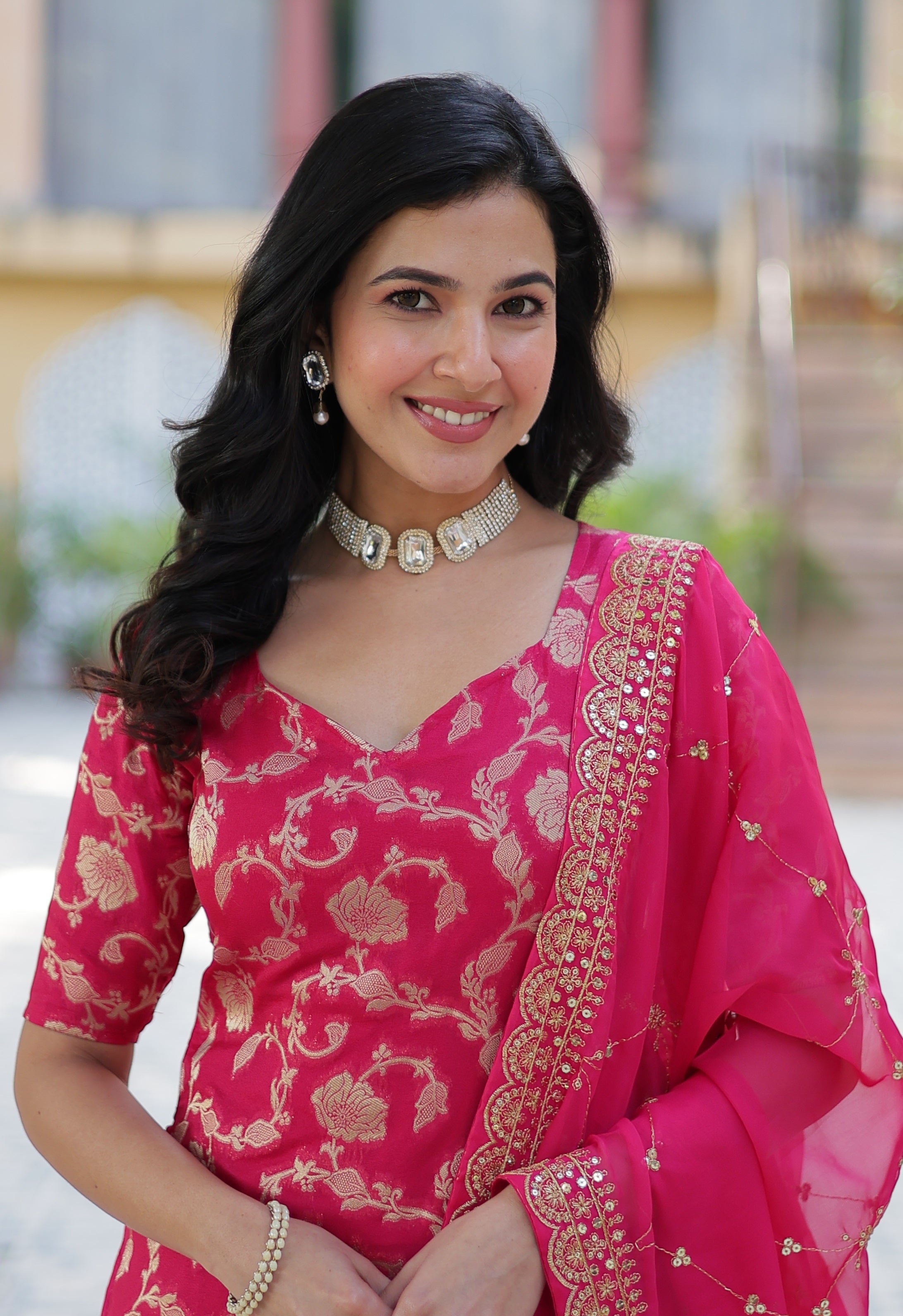 Vedant Vastram Heavy Embroidery & Sequins Work Pure Georgette Top Sharara Set With Dupatta - Pink - Distacart