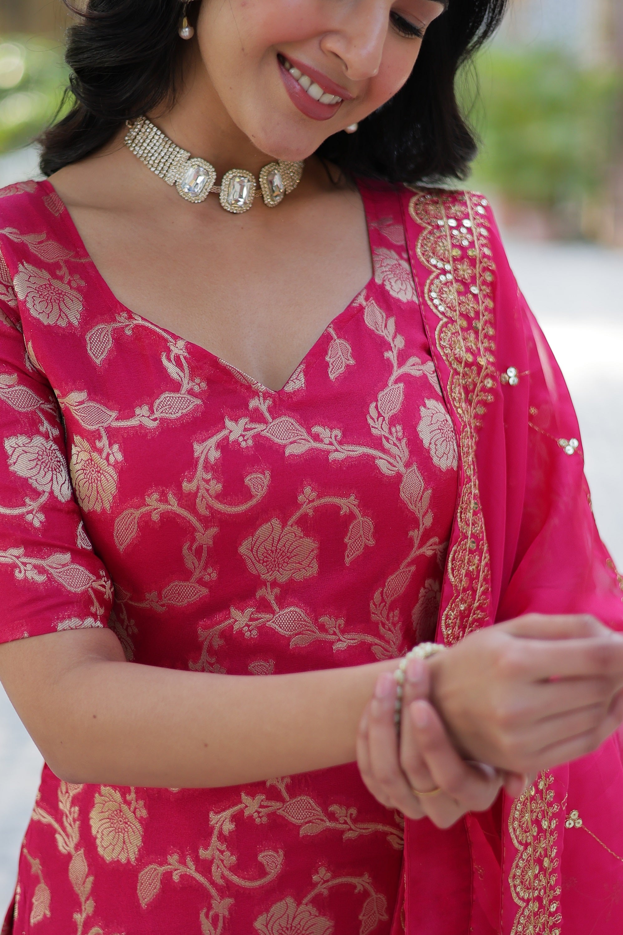 Vedant Vastram Heavy Embroidery & Sequins Work Pure Georgette Top Sharara Set With Dupatta - Pink - Distacart