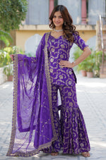 Thumbnail for Vedant Vastram Heavy Embroidery & Sequins Work Pure Georgette Top Sharara Set With Dupatta - Violet - Distacart
