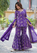 Thumbnail for Vedant Vastram Heavy Embroidery & Sequins Work Pure Georgette Top Sharara Set With Dupatta - Violet - Distacart