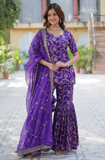 Thumbnail for Vedant Vastram Heavy Embroidery & Sequins Work Pure Georgette Top Sharara Set With Dupatta - Violet - Distacart