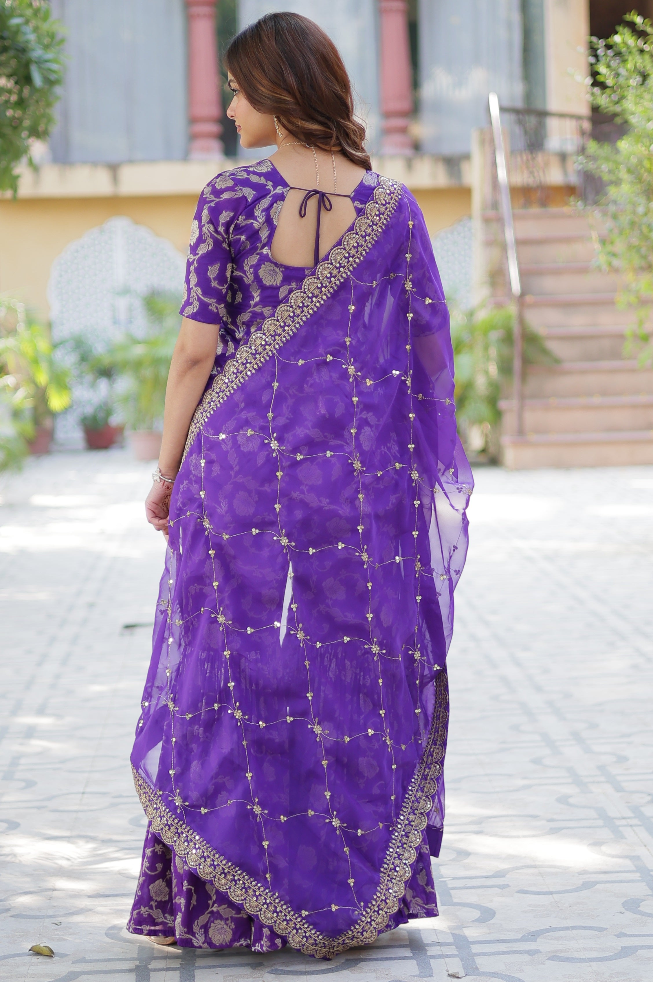 Vedant Vastram Heavy Embroidery & Sequins Work Pure Georgette Top Sharara Set With Dupatta - Violet - Distacart