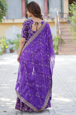 Thumbnail for Vedant Vastram Heavy Embroidery & Sequins Work Pure Georgette Top Sharara Set With Dupatta - Violet - Distacart