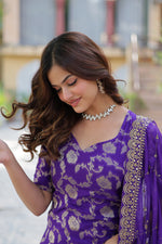 Thumbnail for Vedant Vastram Heavy Embroidery & Sequins Work Pure Georgette Top Sharara Set With Dupatta - Violet - Distacart