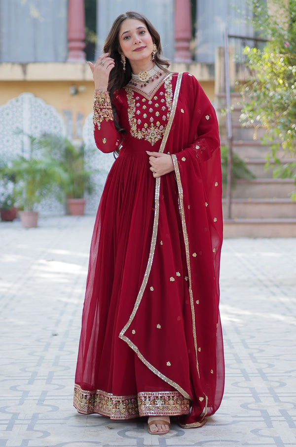 Vedant Vastram Heavy Embroidery & Sequins Work Pure Georgette Gown With Dupatta - Maroon - Distacart