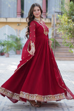 Thumbnail for Vedant Vastram Heavy Embroidery & Sequins Work Pure Georgette Gown With Dupatta - Maroon - Distacart