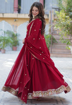 Thumbnail for Vedant Vastram Heavy Embroidery & Sequins Work Pure Georgette Gown With Dupatta - Maroon - Distacart