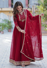 Thumbnail for Vedant Vastram Heavy Embroidery & Sequins Work Pure Georgette Gown With Dupatta - Maroon - Distacart