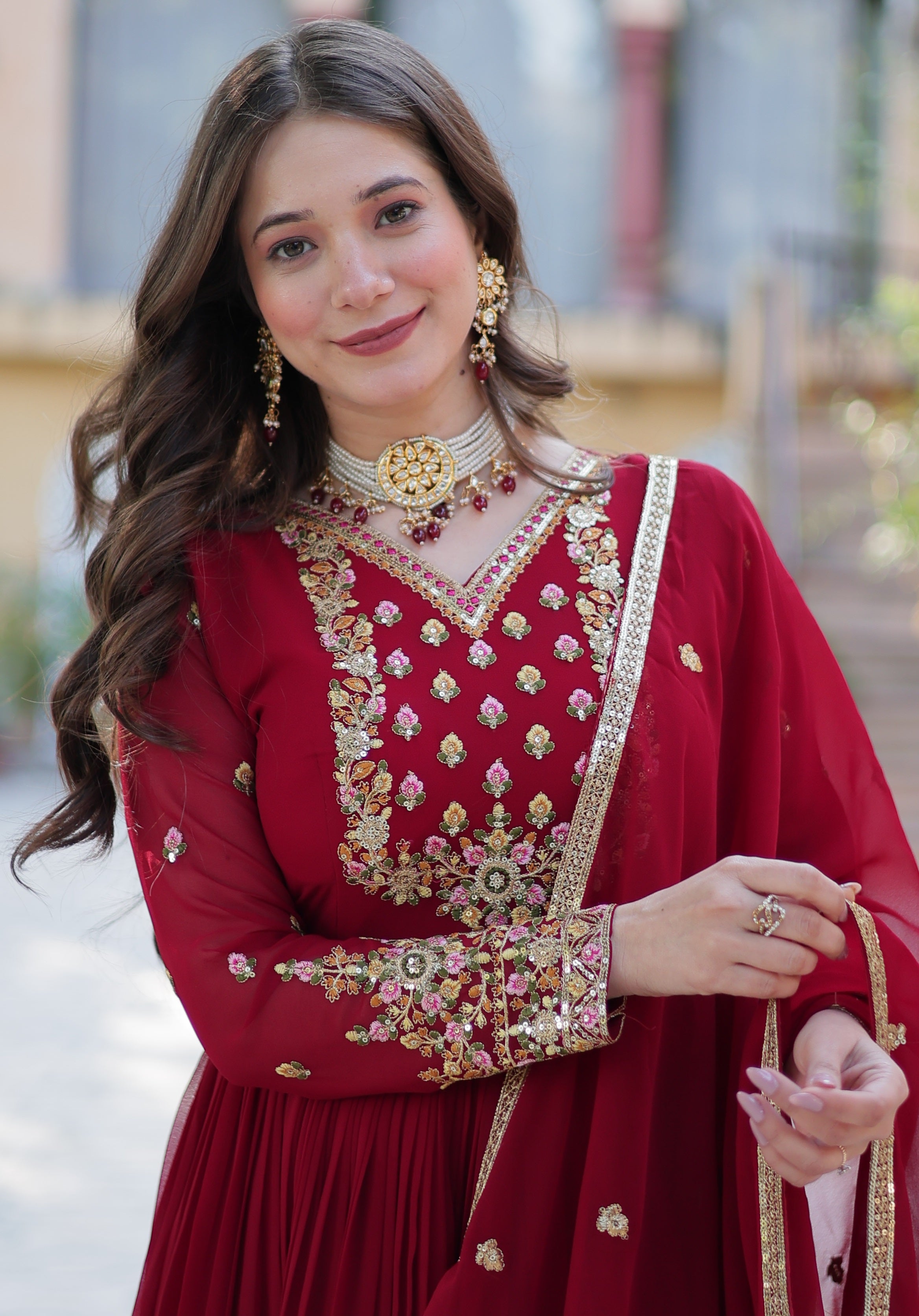 Vedant Vastram Heavy Embroidery & Sequins Work Pure Georgette Gown With Dupatta - Maroon - Distacart