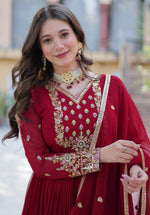 Thumbnail for Vedant Vastram Heavy Embroidery & Sequins Work Pure Georgette Gown With Dupatta - Maroon - Distacart