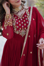 Thumbnail for Vedant Vastram Heavy Embroidery & Sequins Work Pure Georgette Gown With Dupatta - Maroon - Distacart
