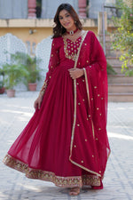 Thumbnail for Vedant Vastram Heavy Embroidery & Sequins Work Pure Georgette Gown With Dupatta - Pink - Distacart