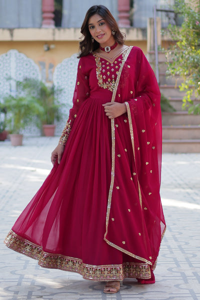Vedant Vastram Heavy Embroidery & Sequins Work Pure Georgette Gown With Dupatta - Pink - Distacart