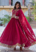 Thumbnail for Vedant Vastram Heavy Embroidery & Sequins Work Pure Georgette Gown With Dupatta - Pink - Distacart