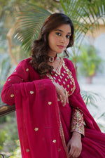 Thumbnail for Vedant Vastram Heavy Embroidery & Sequins Work Pure Georgette Gown With Dupatta - Pink - Distacart