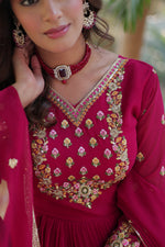 Thumbnail for Vedant Vastram Heavy Embroidery & Sequins Work Pure Georgette Gown With Dupatta - Pink - Distacart