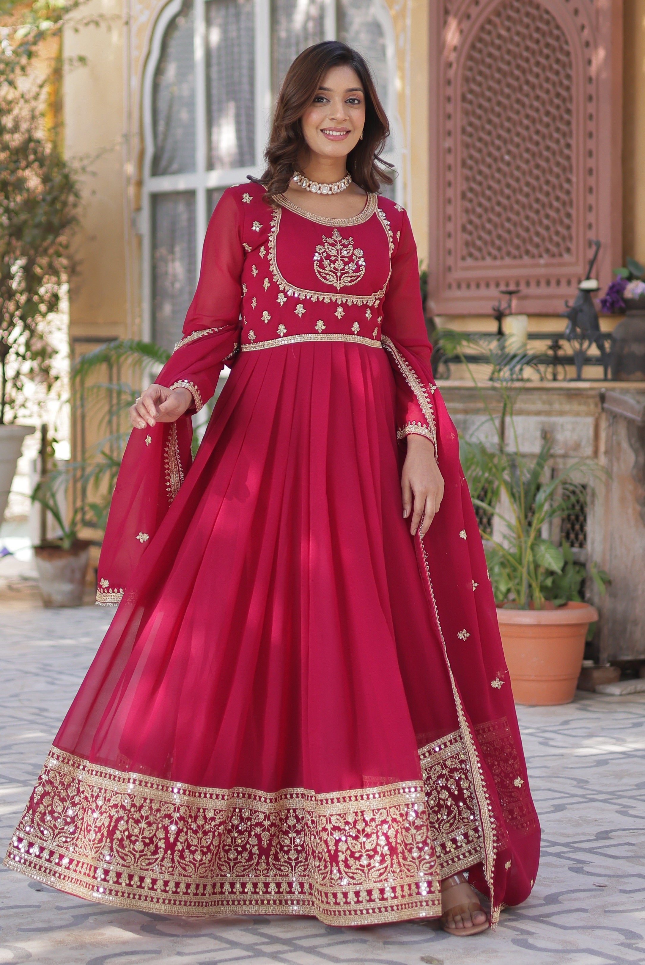 Vedant Vastram Heavy Embroidery & Sequins Work Pure Georgette Gown With Dupatta - Pink - Distacart