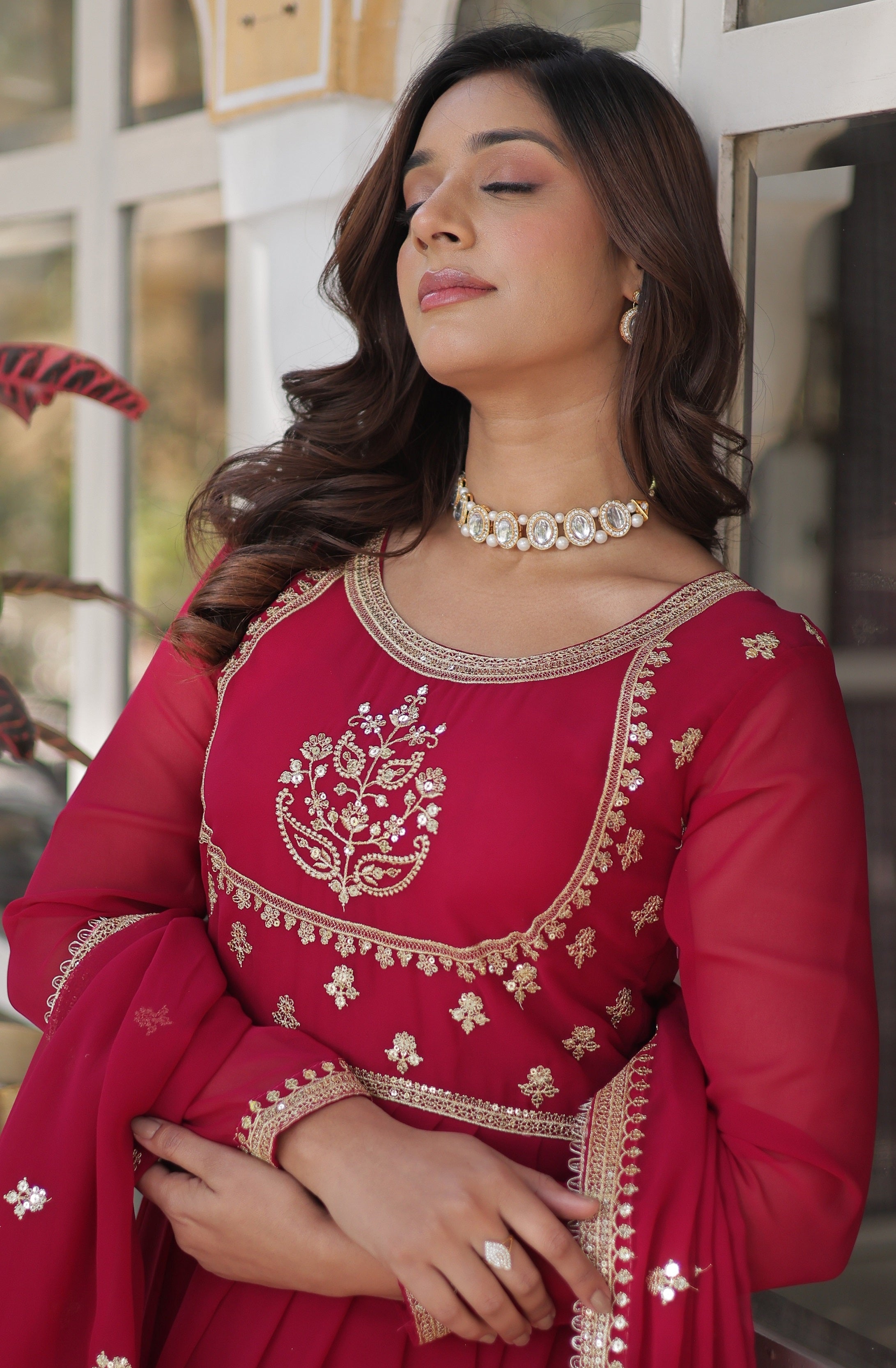 Vedant Vastram Heavy Embroidery & Sequins Work Pure Georgette Gown With Dupatta - Pink - Distacart