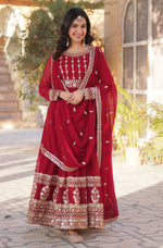 Thumbnail for Vedant Vastram Heavy Embroidery & Sequins Work Pure Georgette Gown With Dupatta - Maroon - Distacart