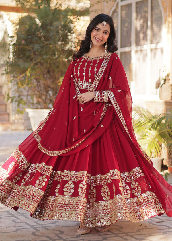 Vedant Vastram Heavy Embroidery & Sequins Work Pure Georgette Gown With Dupatta - Maroon - Distacart