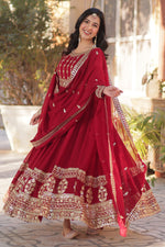 Thumbnail for Vedant Vastram Heavy Embroidery & Sequins Work Pure Georgette Gown With Dupatta - Maroon - Distacart