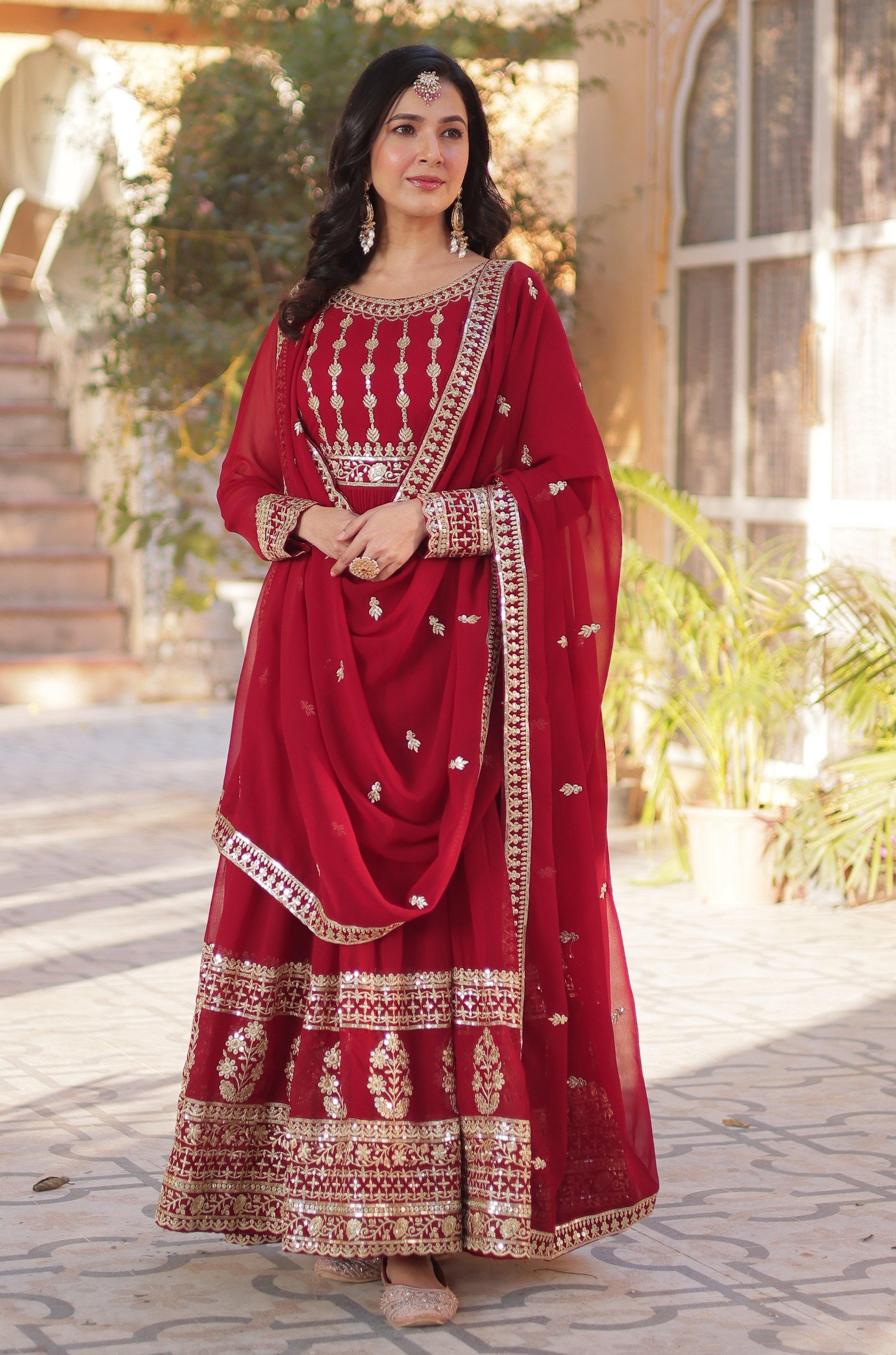 Vedant Vastram Heavy Embroidery & Sequins Work Pure Georgette Gown With Dupatta - Maroon - Distacart
