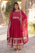 Thumbnail for Vedant Vastram Heavy Embroidery & Sequins Work Pure Georgette Gown With Dupatta - Pink - Distacart