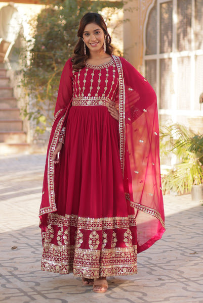 Vedant Vastram Heavy Embroidery & Sequins Work Pure Georgette Gown With Dupatta - Pink - Distacart