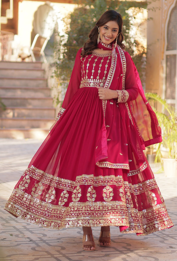 Vedant Vastram Heavy Embroidery & Sequins Work Pure Georgette Gown With Dupatta - Pink - Distacart