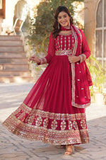 Thumbnail for Vedant Vastram Heavy Embroidery & Sequins Work Pure Georgette Gown With Dupatta - Pink - Distacart