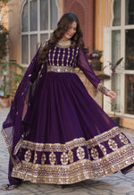 Thumbnail for Vedant Vastram Heavy Embroidery & Sequins Work Pure Georgette Gown With Dupatta - Violet - Distacart