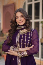 Thumbnail for Vedant Vastram Heavy Embroidery & Sequins Work Pure Georgette Gown With Dupatta - Violet - Distacart