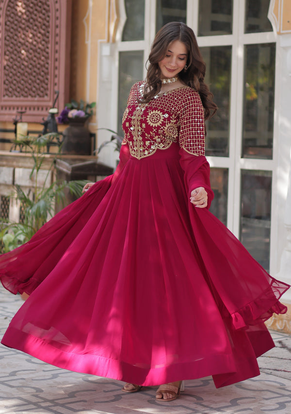 Vedant Vastram Heavy Embroidery & Sequins Work Pure Georgette Gown With Dupatta - Pink - Distacart