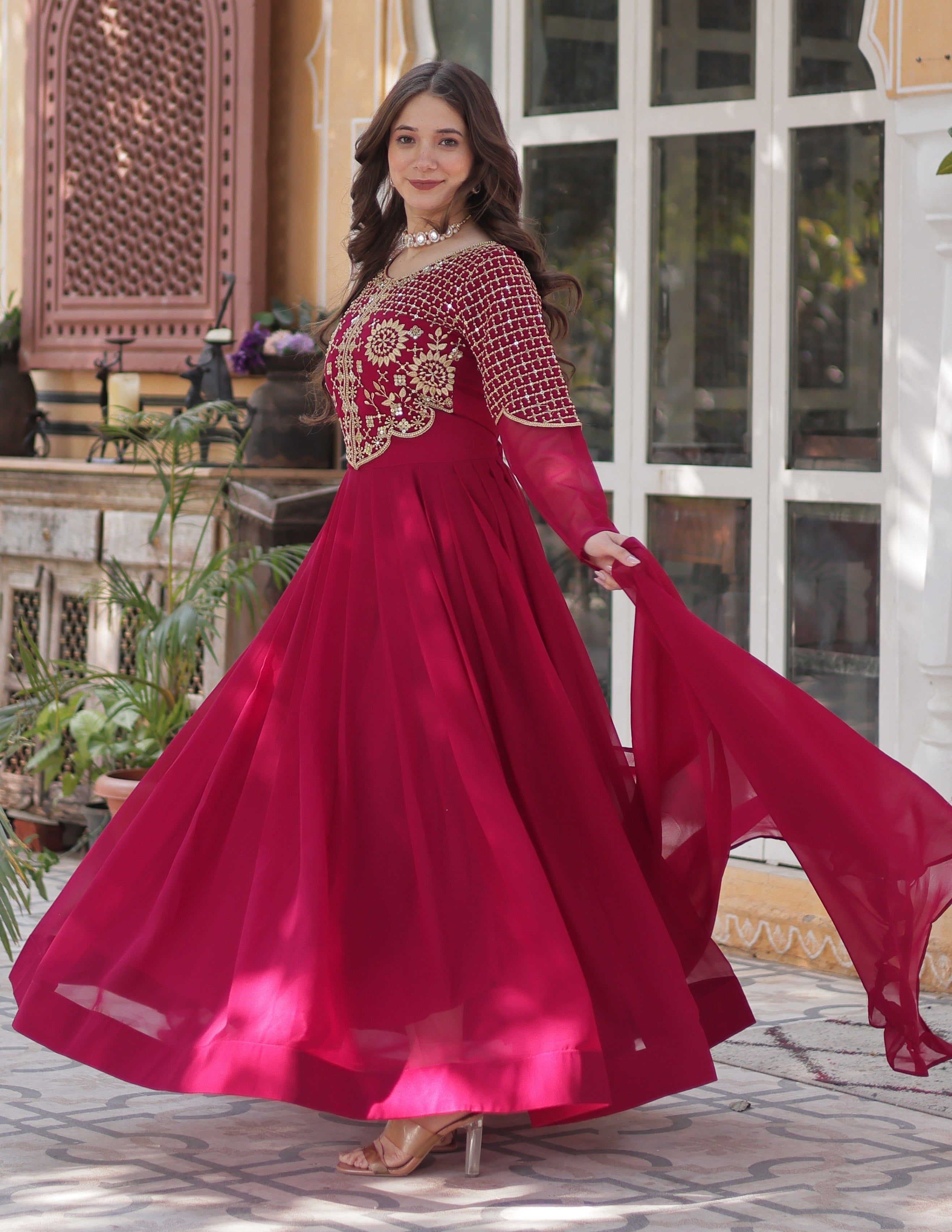 Vedant Vastram Heavy Embroidery & Sequins Work Pure Georgette Gown With Dupatta - Pink - Distacart