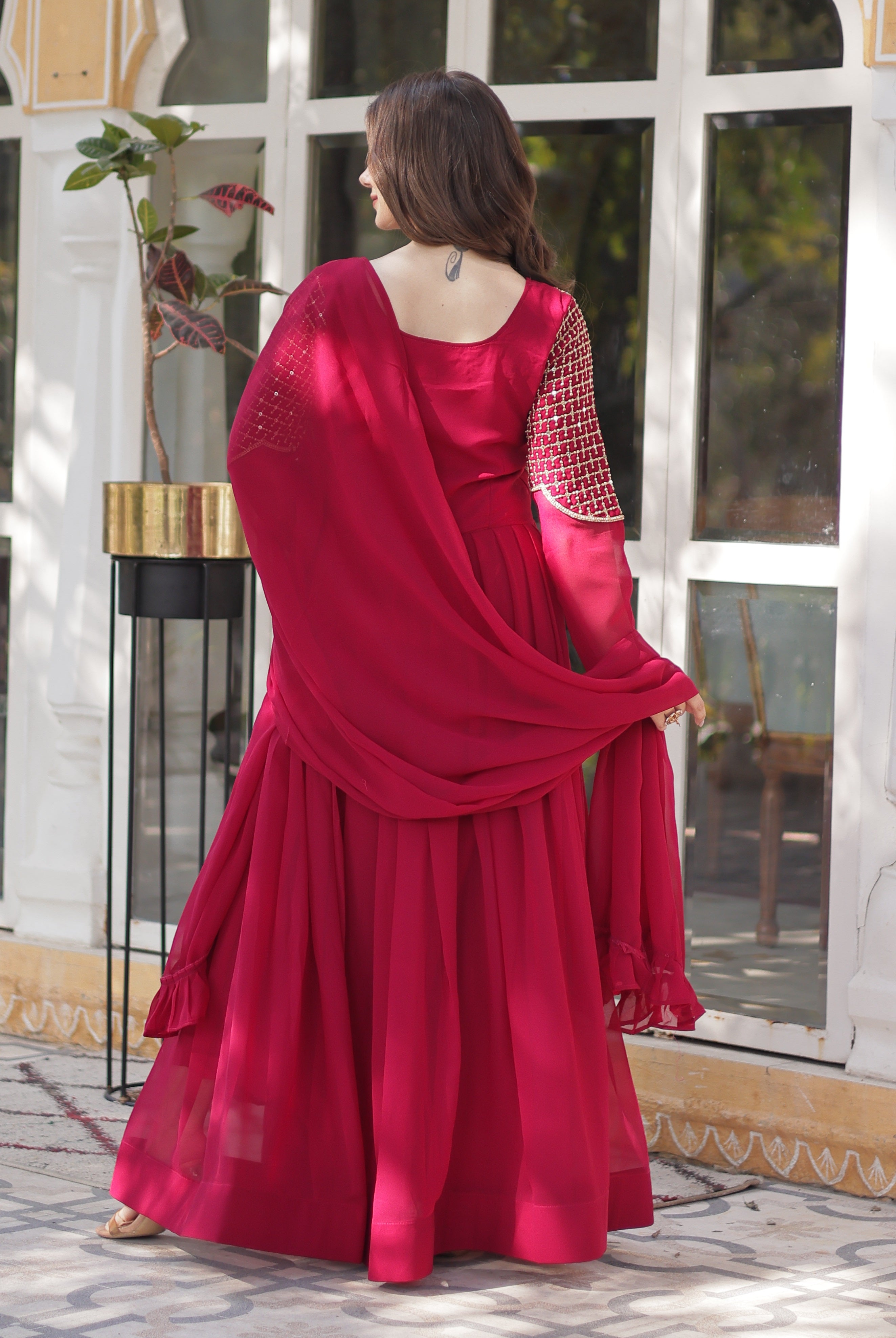 Vedant Vastram Heavy Embroidery & Sequins Work Pure Georgette Gown With Dupatta - Pink - Distacart