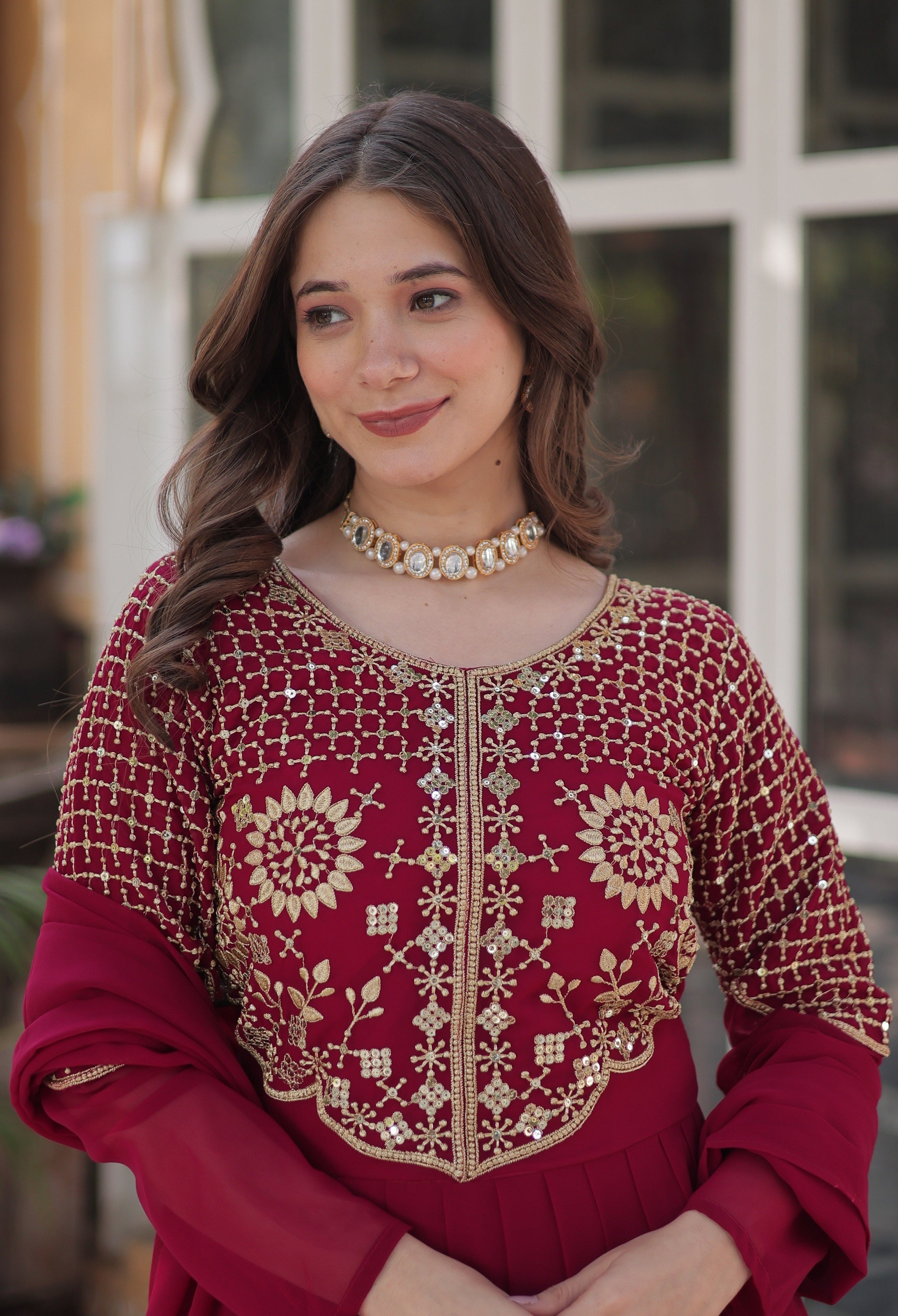 Vedant Vastram Heavy Embroidery & Sequins Work Pure Georgette Gown With Dupatta - Pink - Distacart