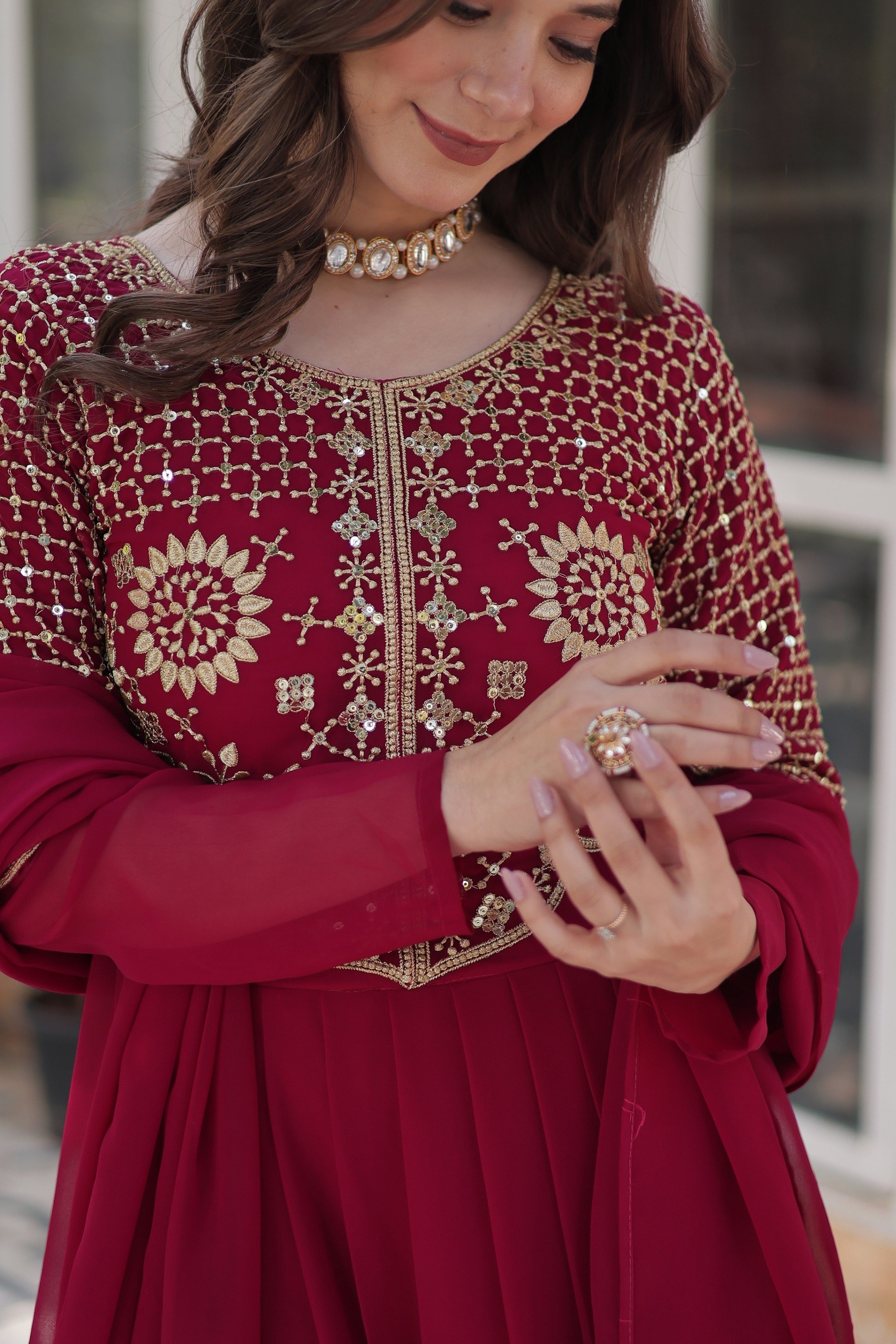 Vedant Vastram Heavy Embroidery & Sequins Work Pure Georgette Gown With Dupatta - Pink - Distacart