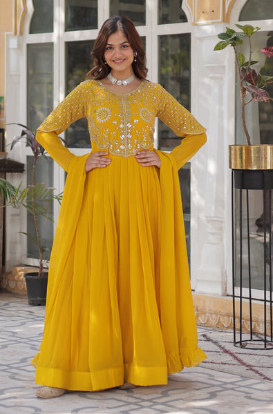 Vedant Vastram Heavy Embroidery & Sequins Work Pure Georgette Gown With Dupatta - Yellow - Distacart