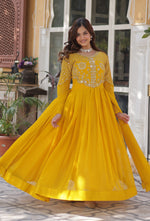 Thumbnail for Vedant Vastram Heavy Embroidery & Sequins Work Pure Georgette Gown With Dupatta - Yellow - Distacart