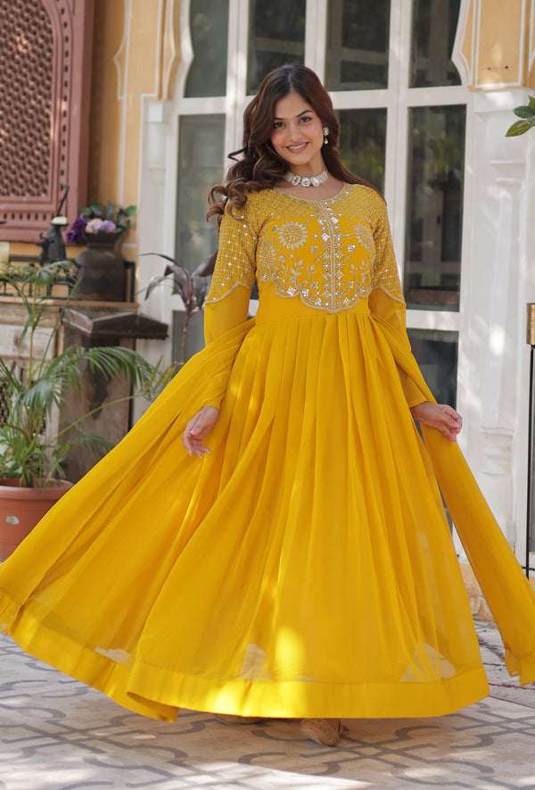 Vedant Vastram Heavy Embroidery & Sequins Work Pure Georgette Gown With Dupatta - Yellow - Distacart