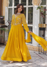 Thumbnail for Vedant Vastram Heavy Embroidery & Sequins Work Pure Georgette Gown With Dupatta - Yellow - Distacart