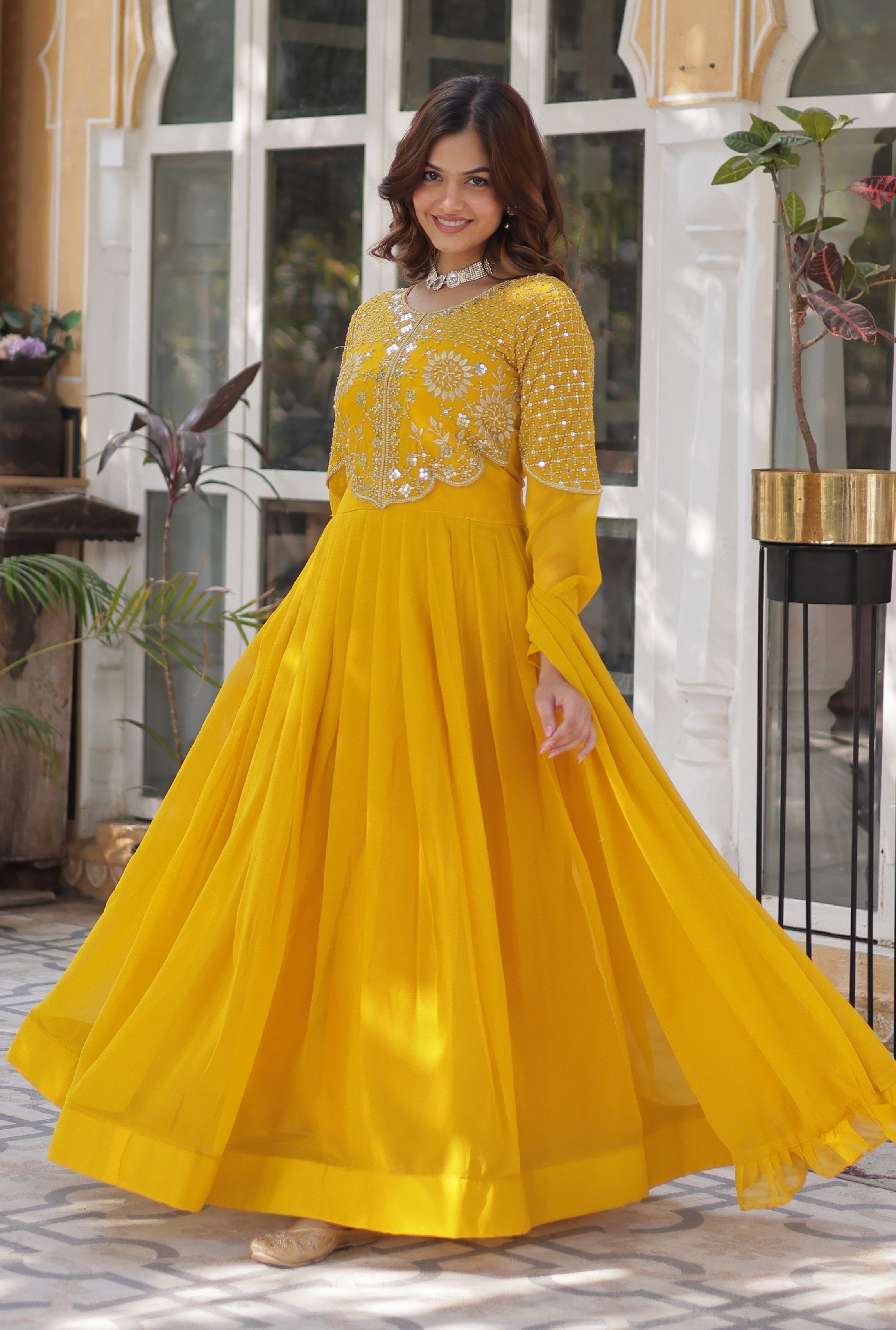 Vedant Vastram Heavy Embroidery & Sequins Work Pure Georgette Gown With Dupatta - Yellow - Distacart