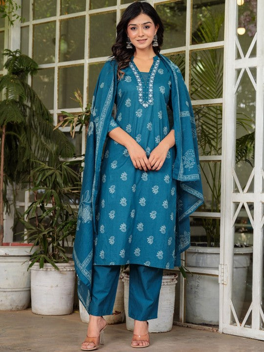 Floral Printed V-Neck Pure Cotton Straight Kurta Palazzos & With Dupatta (Blue) - Rasiya