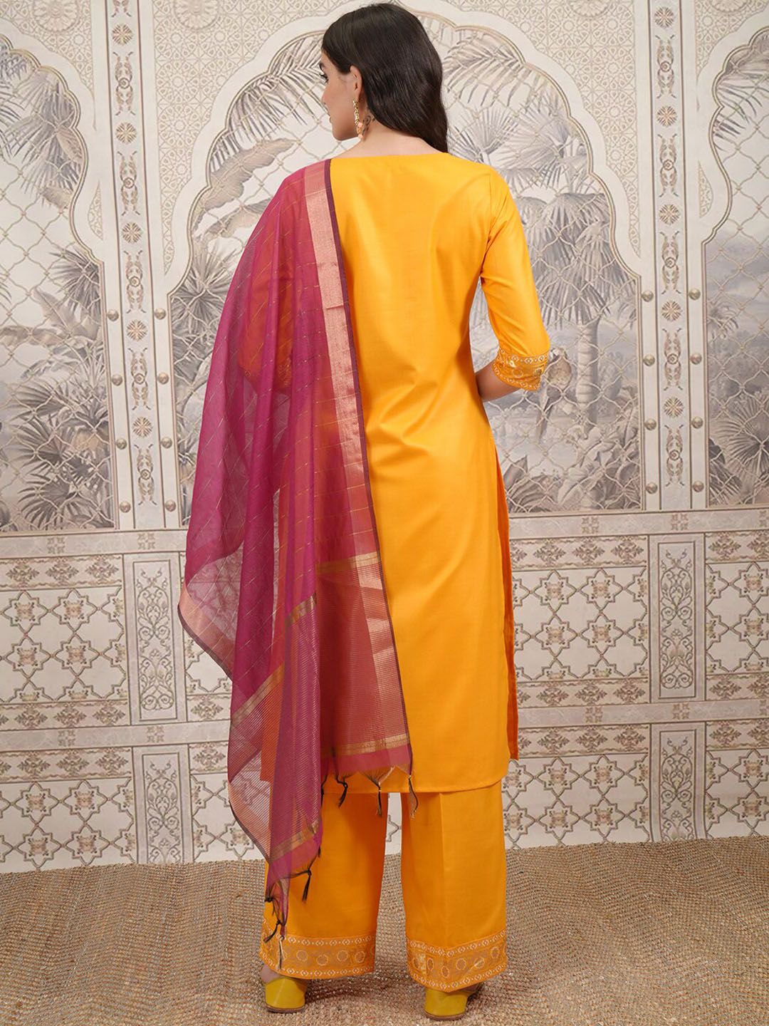 Vishudh Floral Yoke Design Straight Kurta with Palazzos & With Dupatta - Distacart