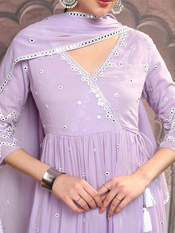 Vishudh Lavender Mirror Work Pure Cotton Anarkali Kurta With Trousers & Dupatta - Distacart